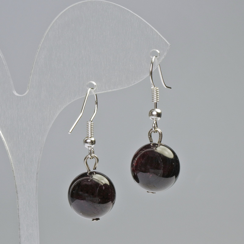 Garnet Earrings, natural stone, smooth beads, diameter 12.5 mm, length 33 mm