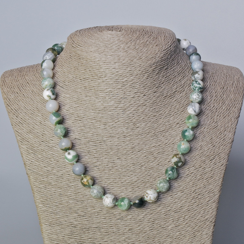Moss Agate Necklace with natural stone, smooth beads, diameter 10.5 mm, length 45-50 cm