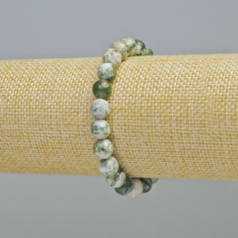 Mossy Agate Bracelet, natural stone, smooth bead, diameter 8 mm ± (stretch), length 18 cm+