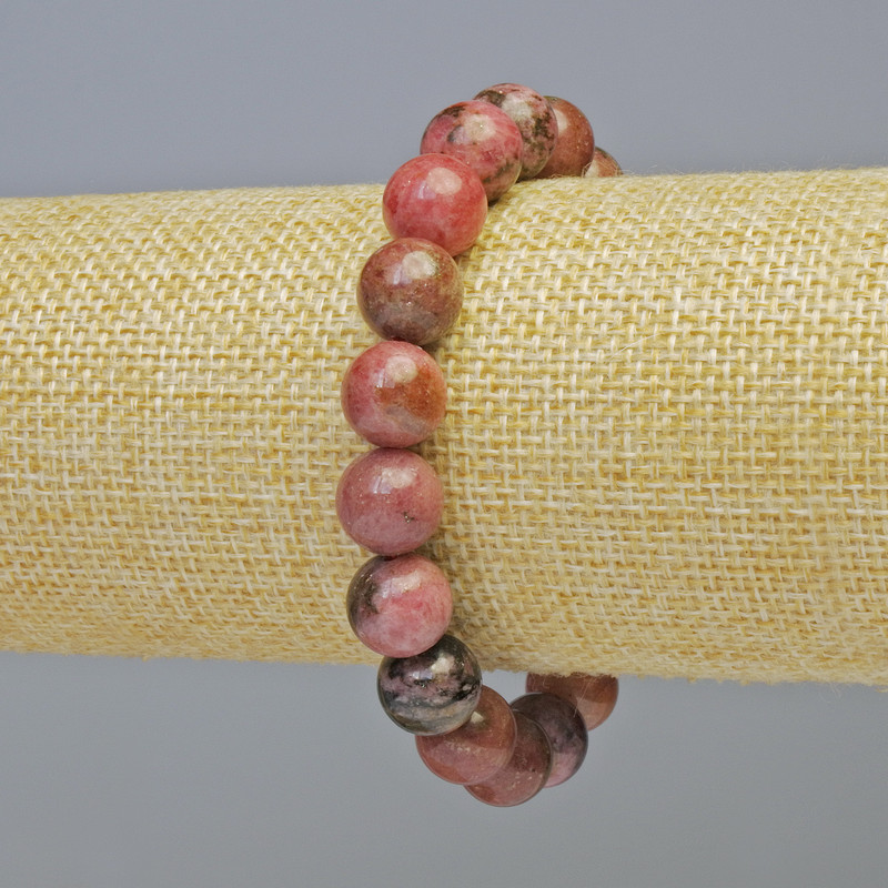 Rhodonite Bracelet, Natural Stone, Smooth Beads, Diameter 10 mm ±, Stretch, Length 18 cm+