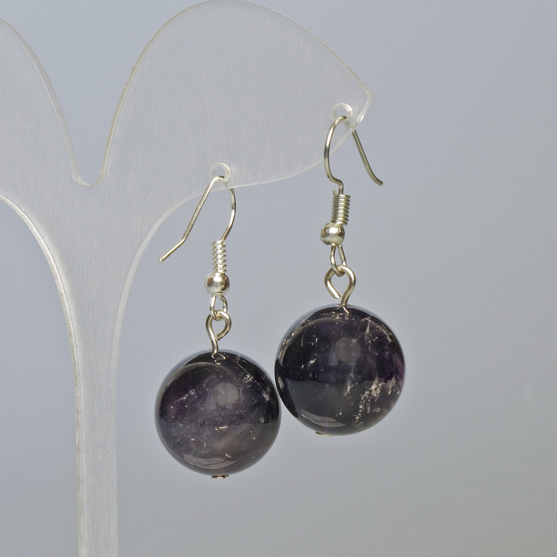 Amethyst Earrings, Natural Stone Smooth Balls, 16 mm diameter, 38 mm length