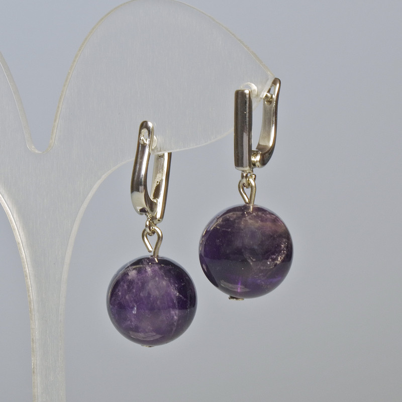 Amethyst Earrings, Natural Stone, Smooth Ball, 14 mm Diameter, 30 mm Length, English Clasp