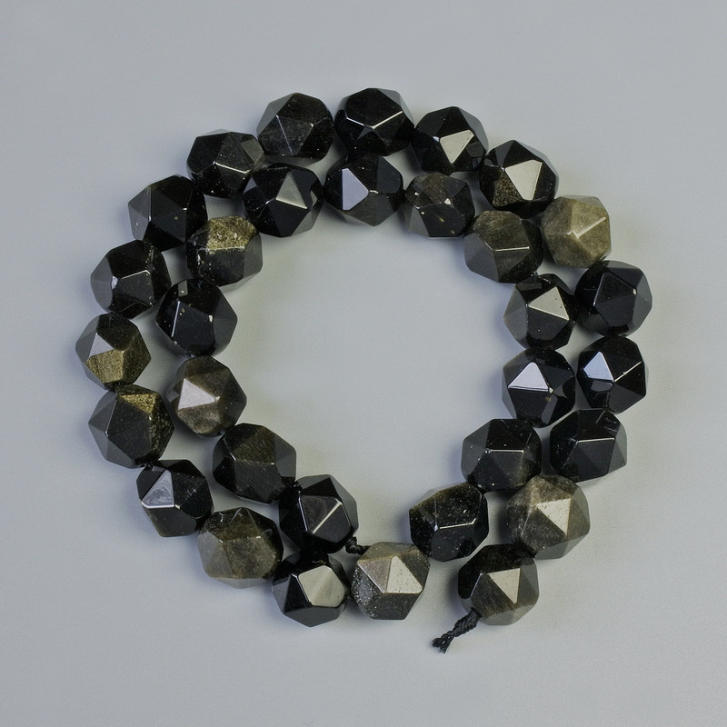 Sun Obsidian Beads, natural stone, faceted, 10x12 mm diameter, 37 cm length, on thread