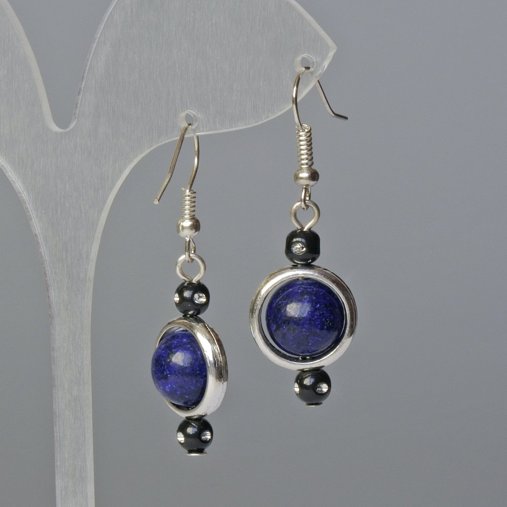 Lapis Lazuli Earrings, Smooth Ball, diameter 10.5 mm, length 42 mm