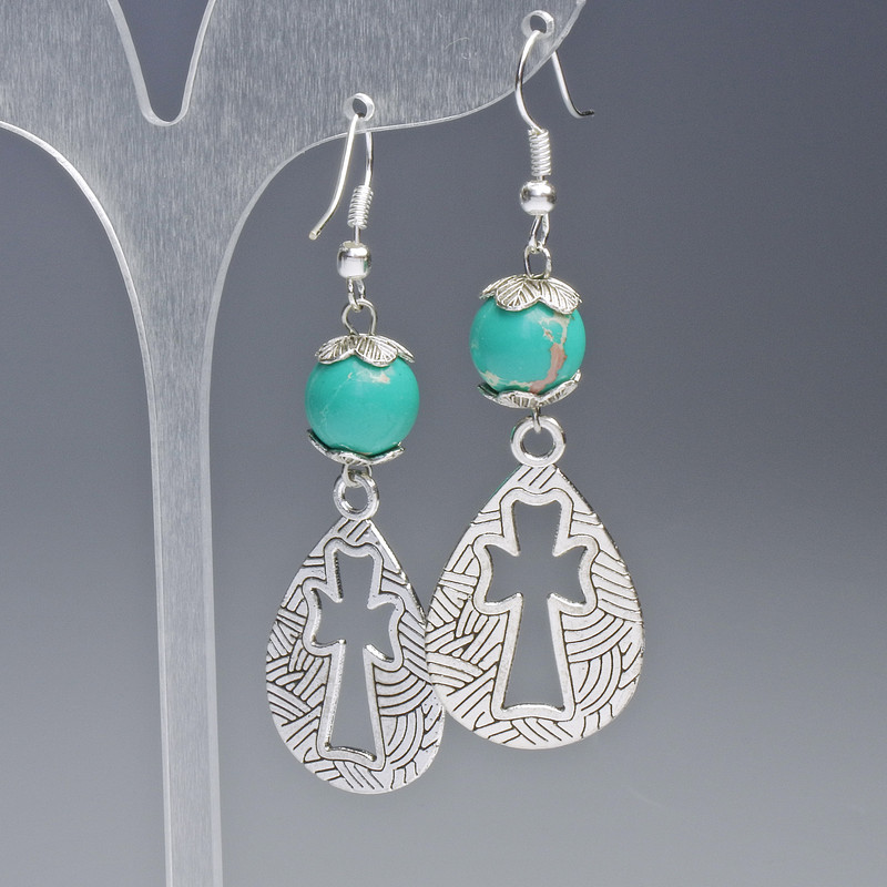 Green Variscite Earrings - Smooth Ball Beads, 10 mm Diameter, 19.5×31 mm, Length 63 mm, with Metal Inserts