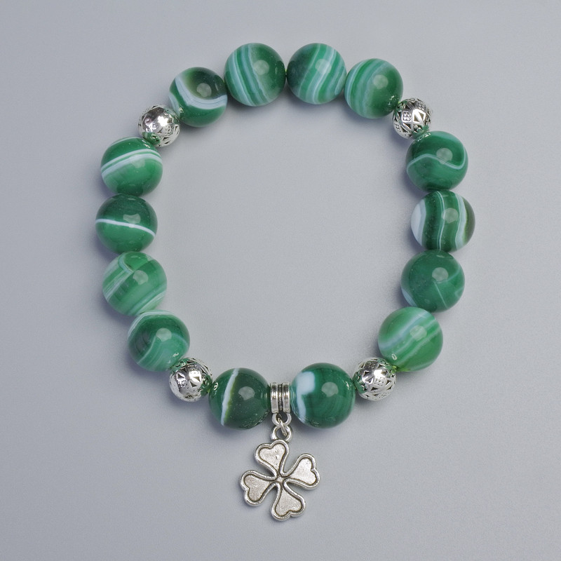 Green Agate Bracelet with Smooth Beads, 12 mm Diameter ± (Stretch), Length ±18 cm ± with Metal Inserts