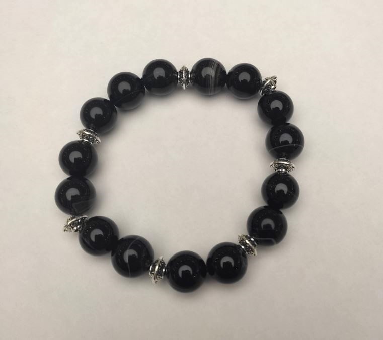 Браслет Агат чорний гладка кулька, діаметр 12мм+- (стрейч), довжина 18см+- з металевими вставками