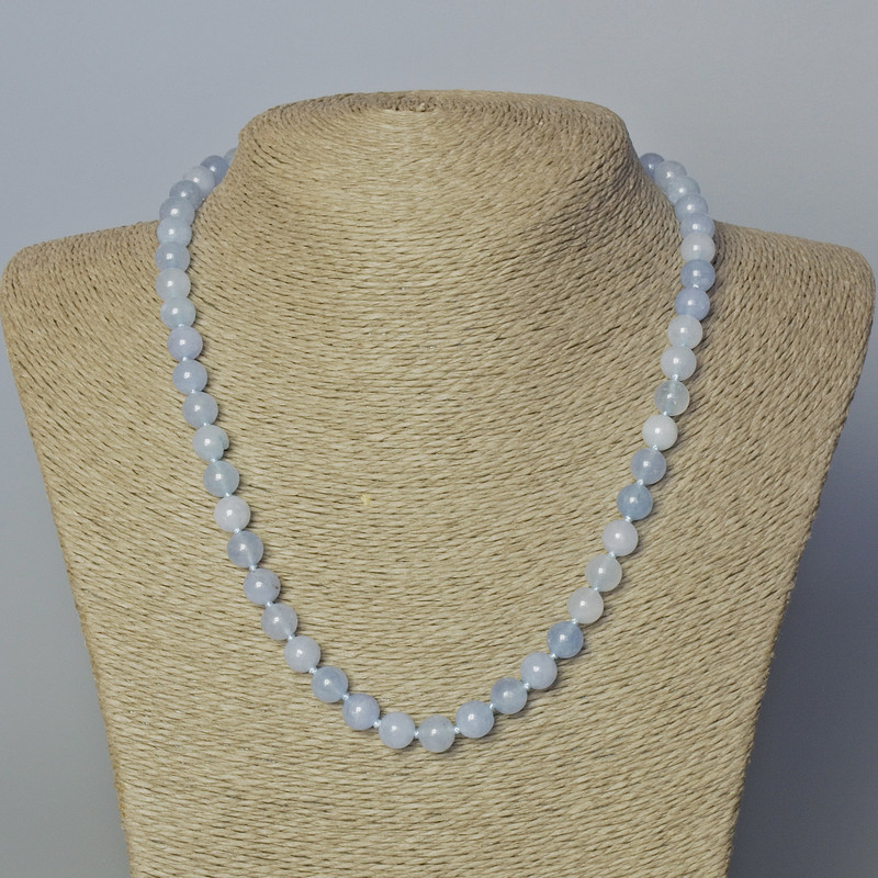 Aquamarine necklace, natural stone, smooth bead, diameter 8mm+-, length 45-50cm+