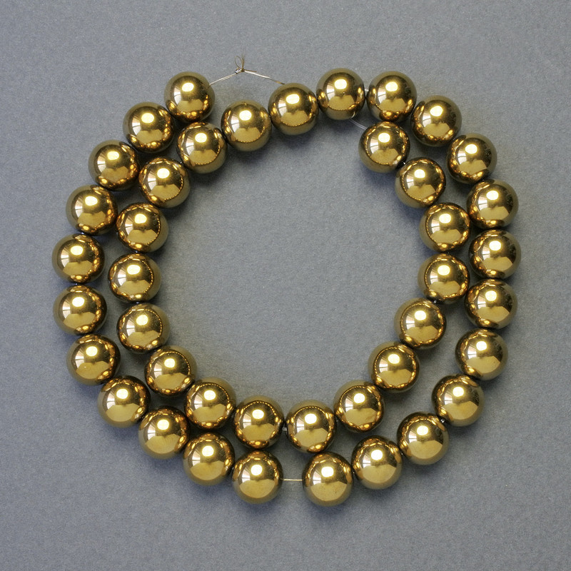 Hematite Beads, Smooth Round, Gold Color, 10 mm Diameter, ± 42 cm Length, Strand