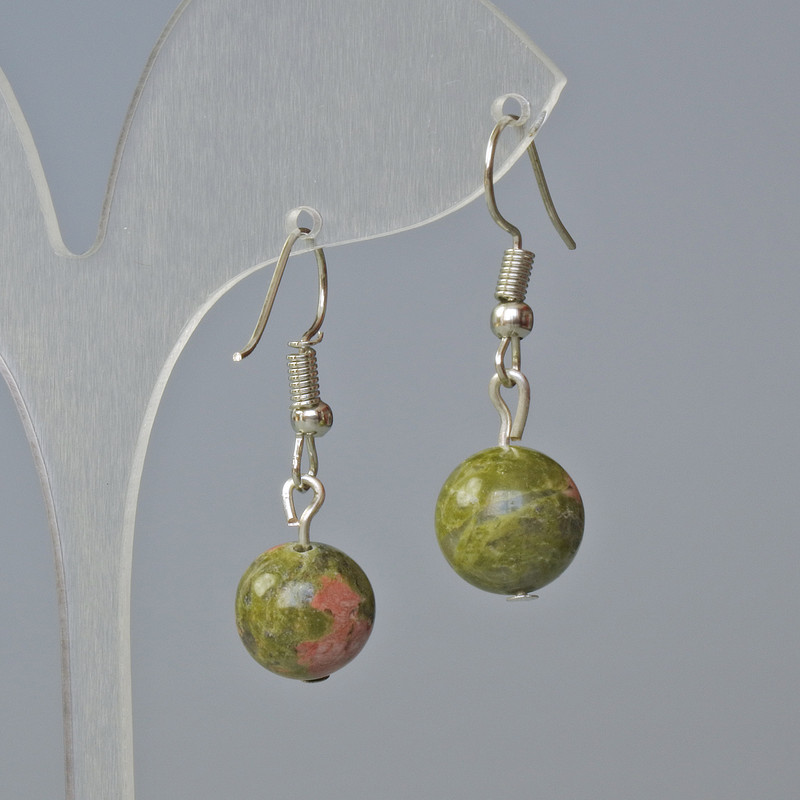 Unakite Earrings, smooth ball, 11 mm diameter ±, 30 mm length ±