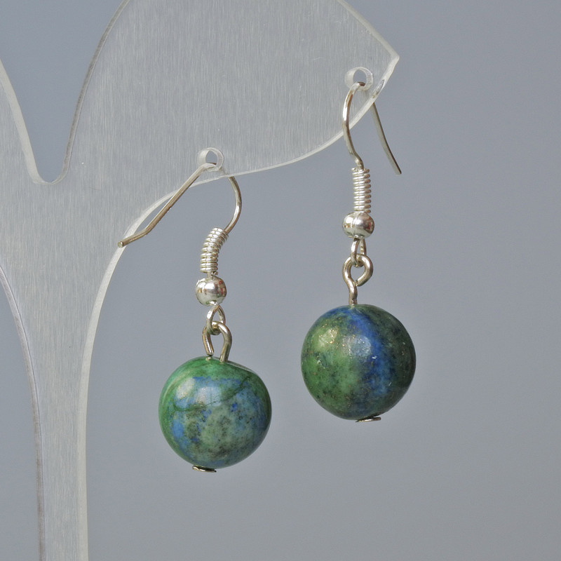 Azurite Earrings - Smooth Sphere, 12 mm diameter, approx. 30 mm length