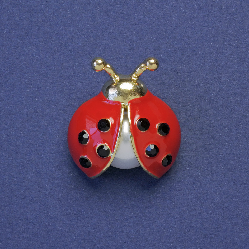 Ladybug brooch, red enamel, black crystals with a pearl, gold-tone metal, 23x21mm+