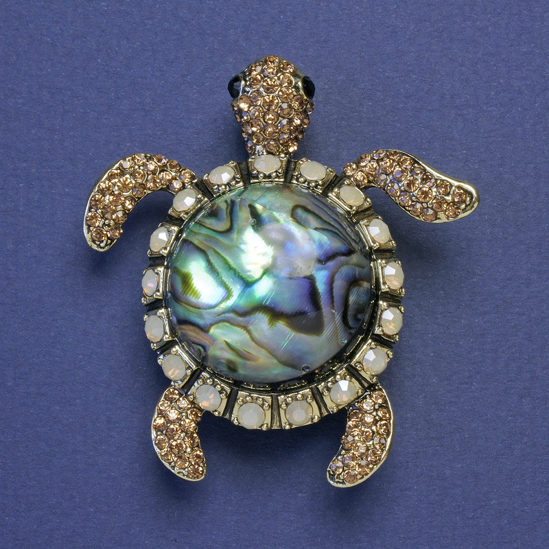 Brooch-pendant Turtle Haliotis with golden rhinestones, gold-tone metal 51x46mm+
