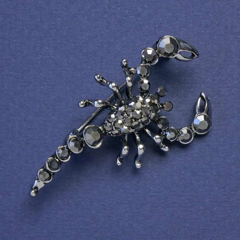 Scorpion Brooch with Black Crystals, Silver-Tone Metal 47x25mm +