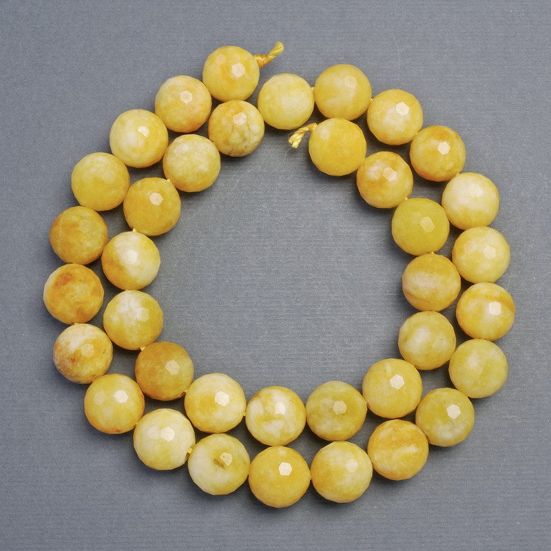Faceted Yellow Jadeite Beads, Round Balls, 10 mm Diameter, 37 cm Length