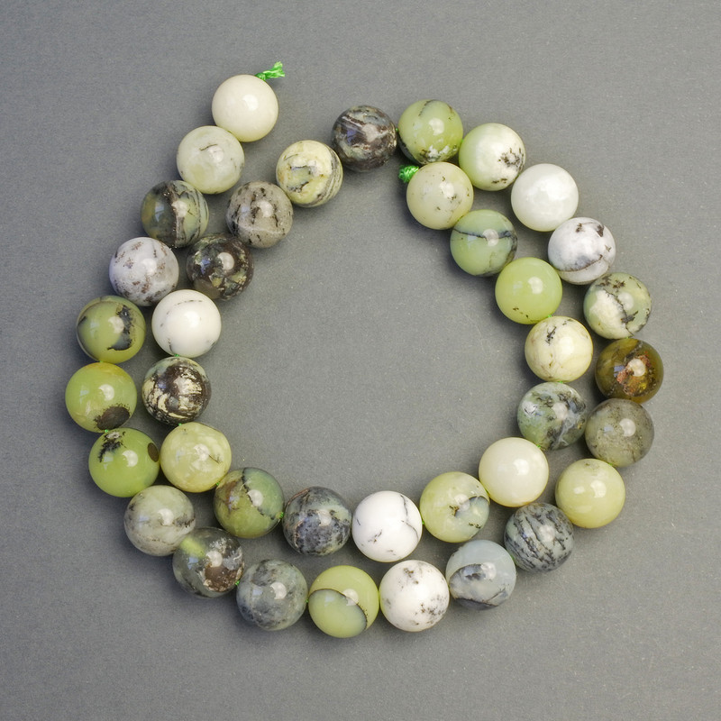 Beads Green Opal on thread, natural stone, smooth round bead, diameter 10mm ±, length 40cm ±