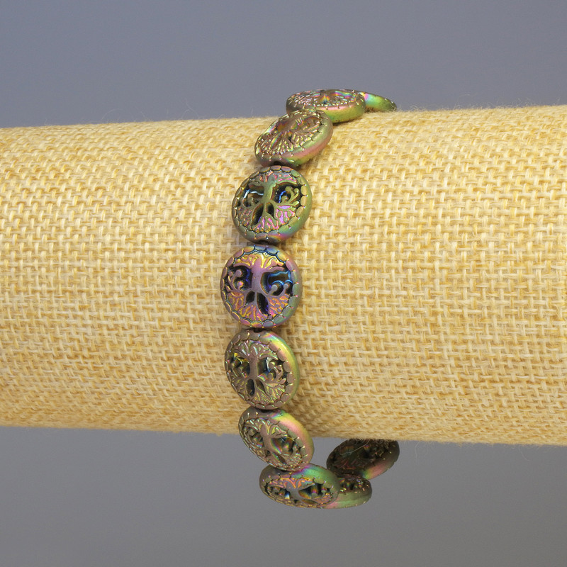 Hematite and Multicolor Wood Bracelet, 12x4 mm Beads, 18 cm Length, Stretch