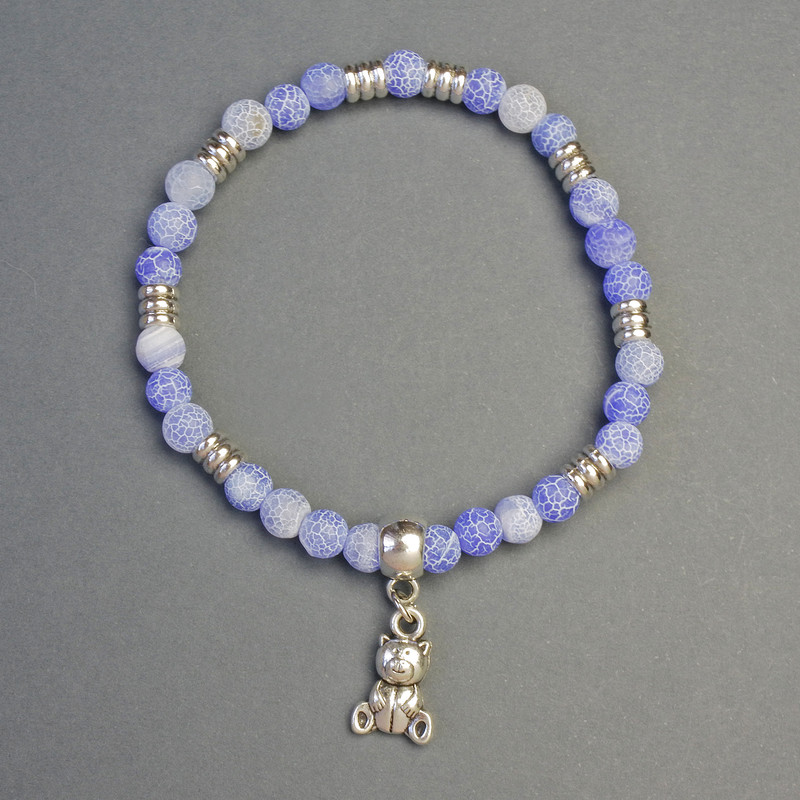 Bracelet Frosty Agate with Bear Pendant, 6mm Diameter Beads, 18cm Length, Stretch