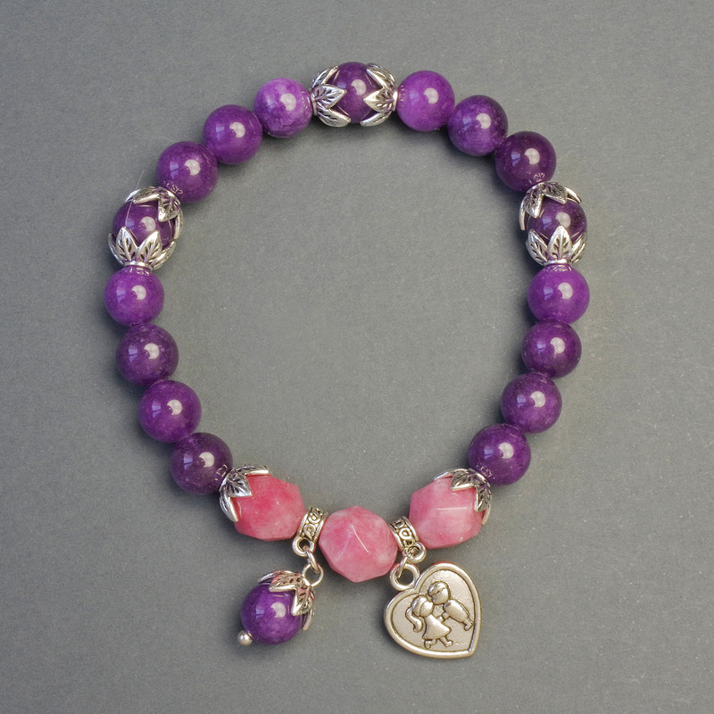 Sugilite and Tourmaline Bracelet with Heart Pendant, 8-9 mm beads, 18 cm length, stretch