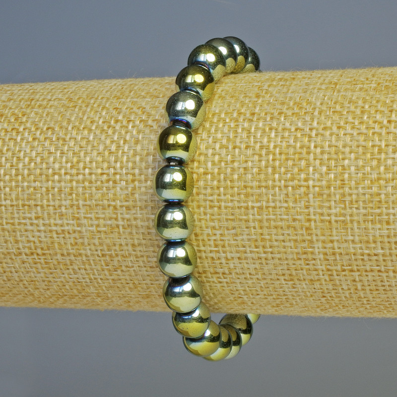 Hematite Bracelet with Round Beads, Green Chameleon Color, 8mm Diameter, 18cm Length, Stretch