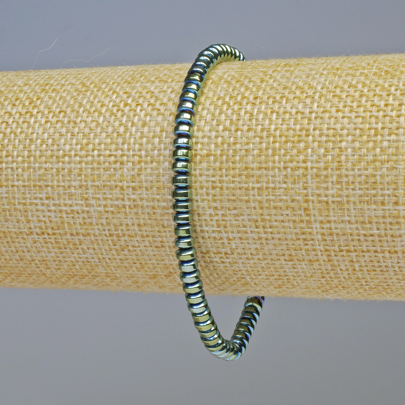 Hematite Bracelet with Rondelle Beads, Green Chameleon Color, 4x2 mm Diameter, 18 cm Length, Stretch
