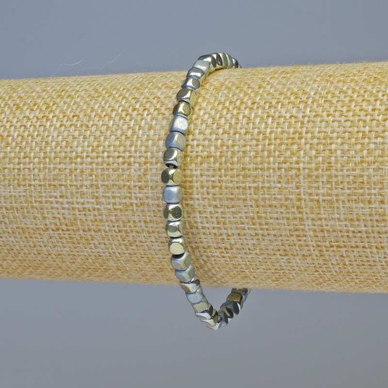 Hematite Cube Bracelet Blue-Gold, Matte and Glossy, Cube Diameter 4×4 mm, Length 18 cm ± Stretch
