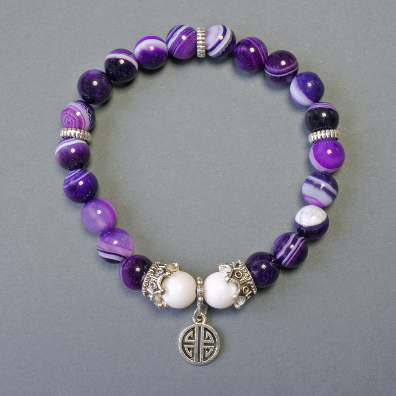 Eye Agate Bracelet Purple and White, Smooth Beads with Metal Inlays, 8mm Diameter +/-, 18cm Length +/-, Stretch
