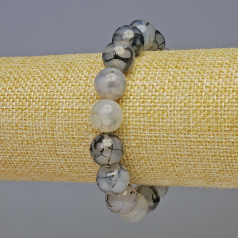 Dragon Vein Agate Bracelet - Smooth Bead, 12mm Diameter, 18cm Length, Stretch