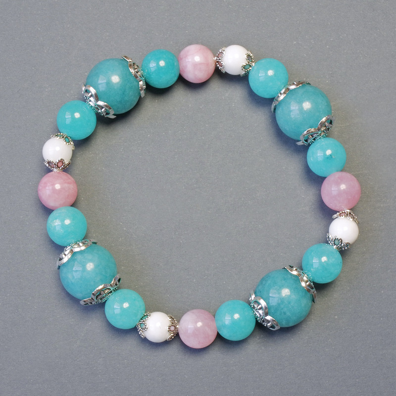 Agate, Aquamarine, and Pink Quartz Stretch Bracelet, 18 cm