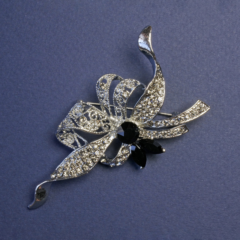 Brooch 'Accent' with Black Crystals and White Rhinestones, Silver-Toned Metal 78×41 mm +