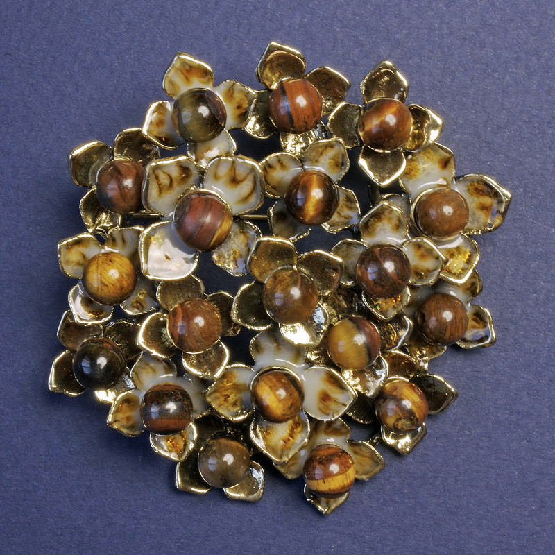 Brooch-pendant 'Flowers with Tiger's Eye', brown enamel, golden metal 60x62 mm+