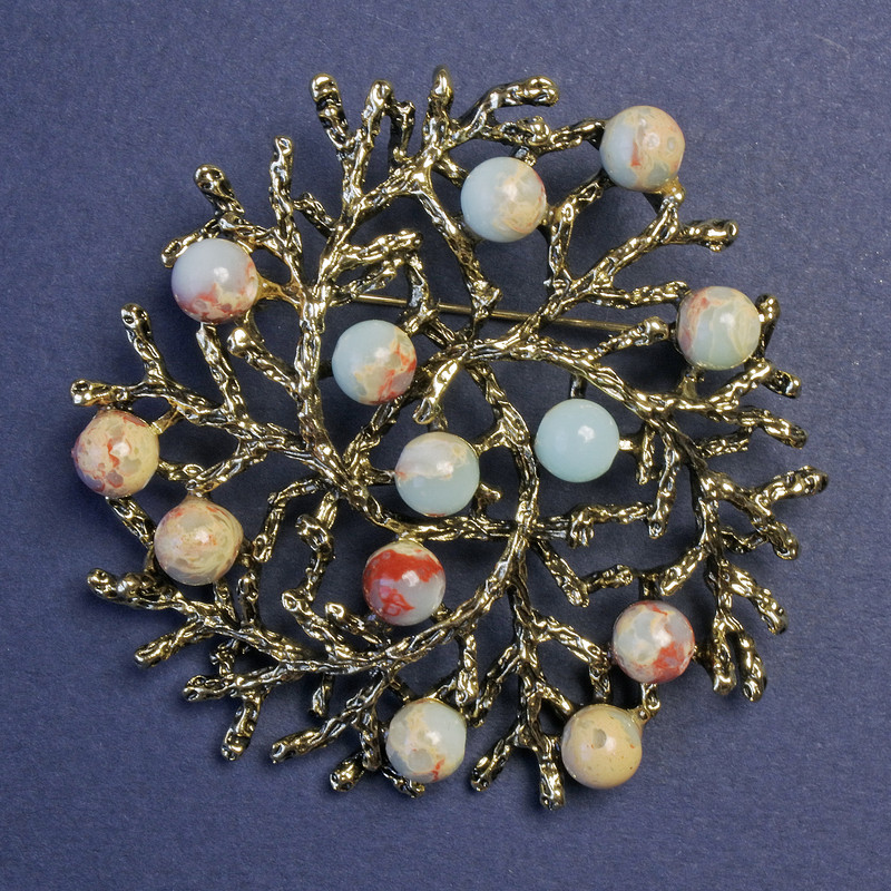Brooch pendant 'Branches' with Amazonite, gold-tone metal 60mm+