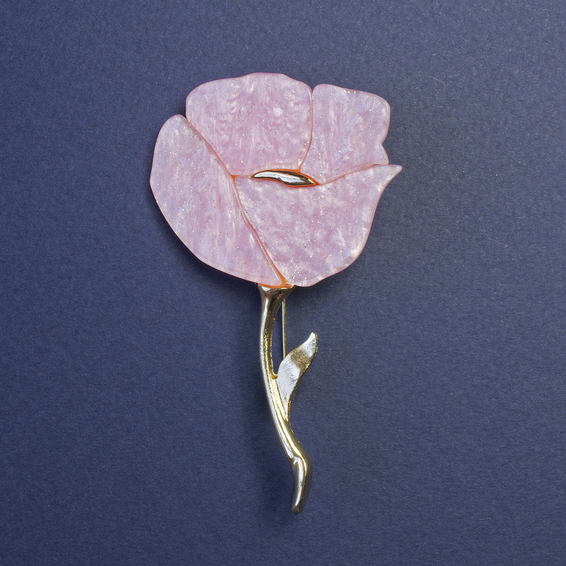 Pink Pearl Poppy Brooch with Rhinestones, Gold-Tone Metal 76x46 mm+