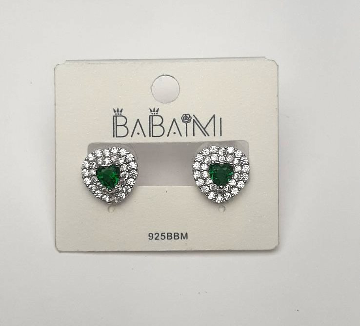 Earrings with a green crystal and rhinestones 'Heart', diameter 12mm