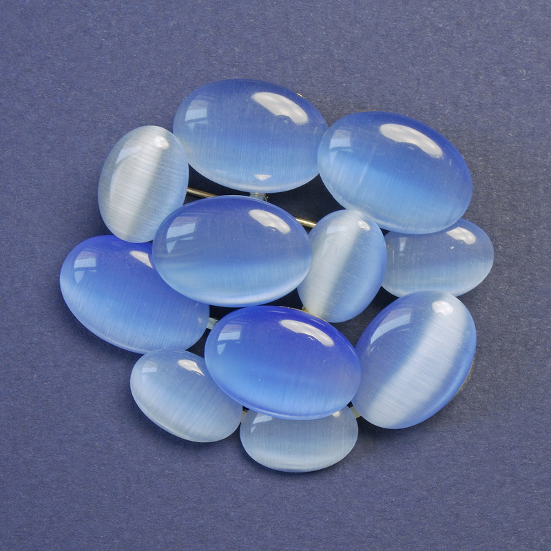 Brooch with blue Cat's Eye stone (synthetic) 45×50 mm - golden metal