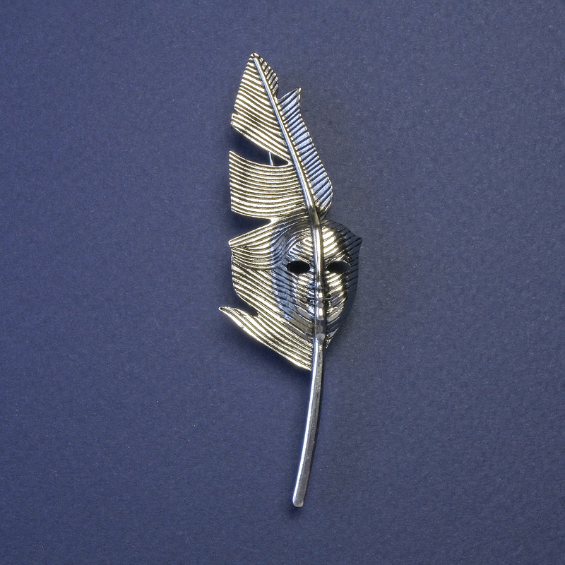 Writer's Quill Brooch Pendant with Mask, dark silver metal 80x23mm-+