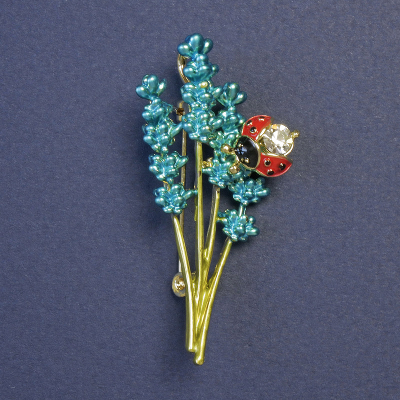Lavender bouquet brooch pendant with turquoise and green enamel, 51 x 26 mm ± gold-tone metal base