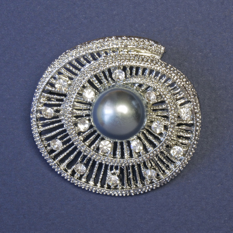 Accent Brooch with Gray Faux Pearl and White Crystals, approx. 42×42 mm, Silver-Toned Metal