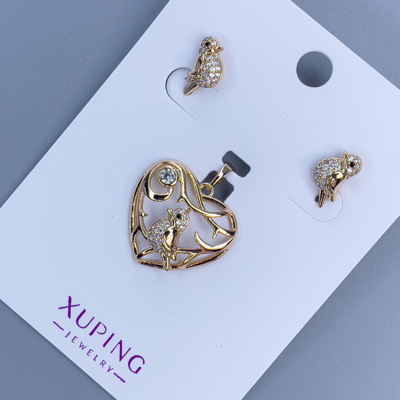 Xuping Stud Earrings Set 'Bird' and Pendant 'Heart with a Bird', length 26 mm + 18K Gold Plating