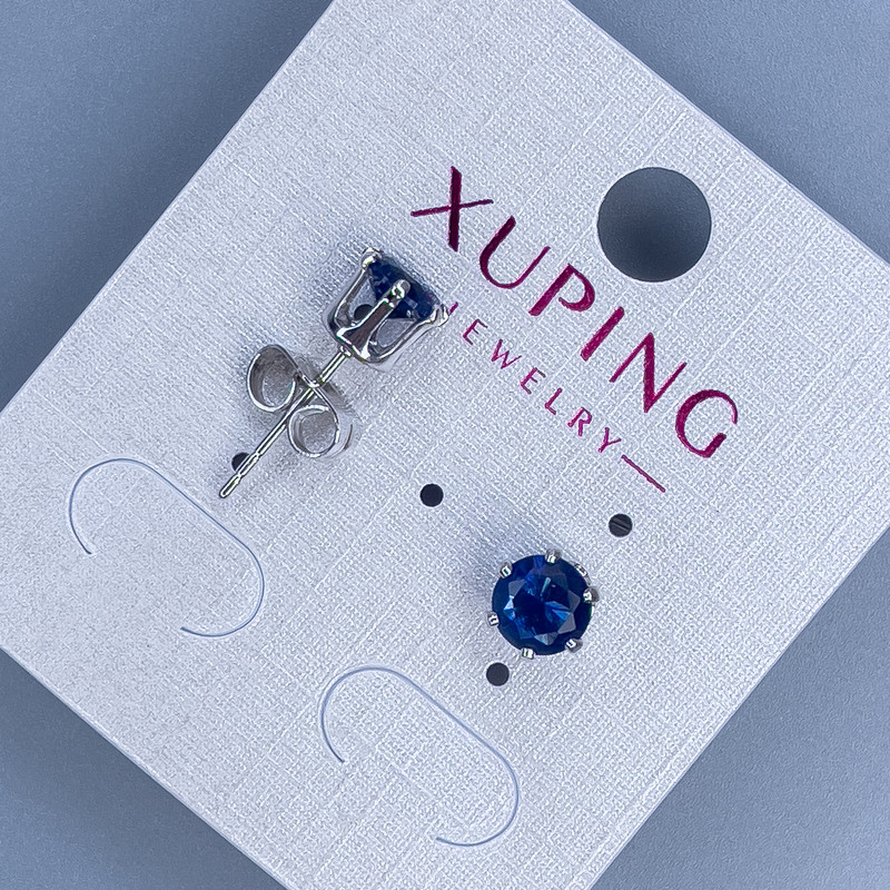 Xuping stud earrings with blue stone in a 'Crown' setting, 6mm, rhodium-plated