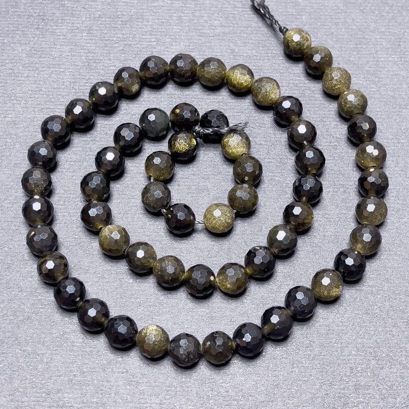 Sun Obsidian Beads on Thread, Faceted Round Bead, 6mm+-, 37cm+-