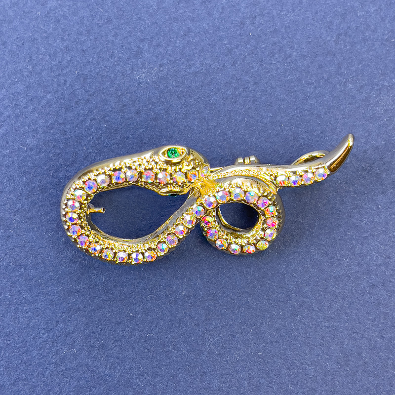 Snake Brooch-Pendant, Gold Color with Iridescent Crystals, Golden Metal, 44x20 mm
