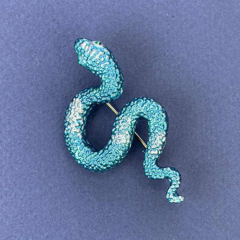 Snake brooch pendant with blue enamel and blue crystals, silver-tone metal 30x55 mm +