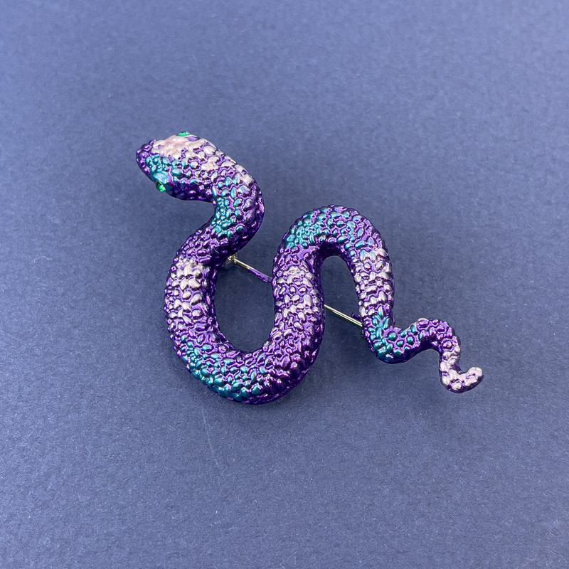 Brooch Pendant 'Snake' purple-blue enamel with blue crystals, silver metal, 30x55 mm +