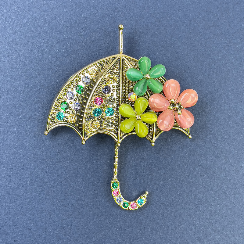 Parasol Brooch-Pendant with Multicolored Cat's Eye Crystals on Gold-Tone Metal 50×63 mm+