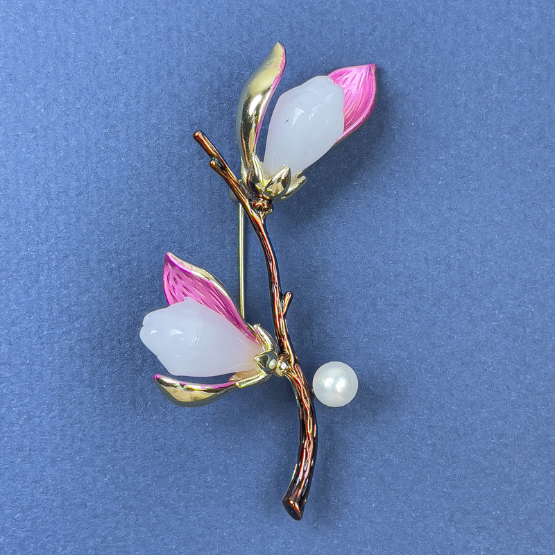 Brooch 'Branch with a Flower and Pearl' Pink and Brown on Golden Metal 48x59mm+