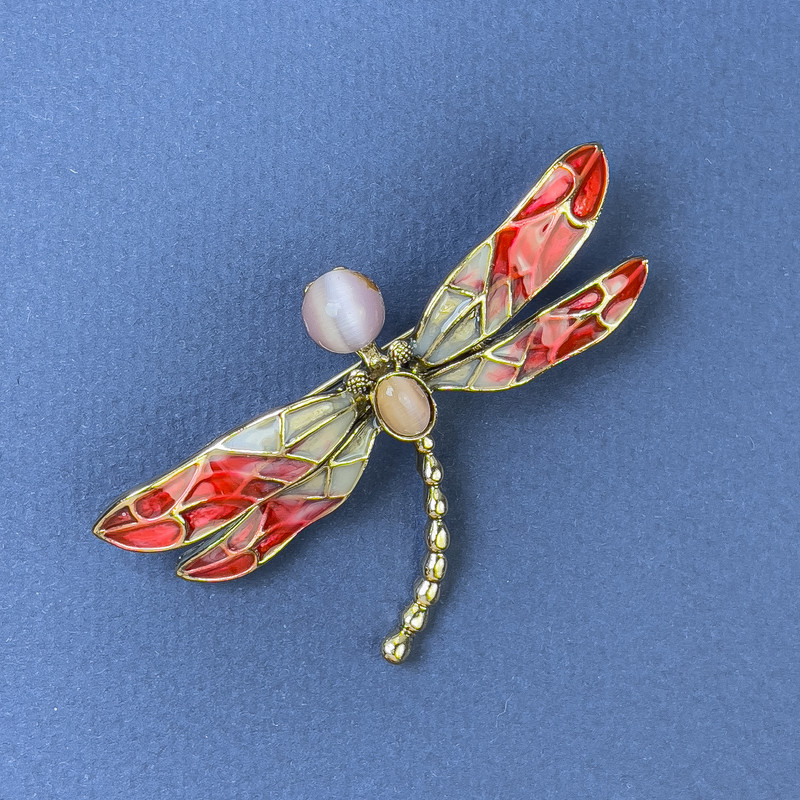 Brooch 'Butterfly' with Pink Cat's-Eye Enamel on Golden Metal, Diameter about 61 mm, Length 40 mm