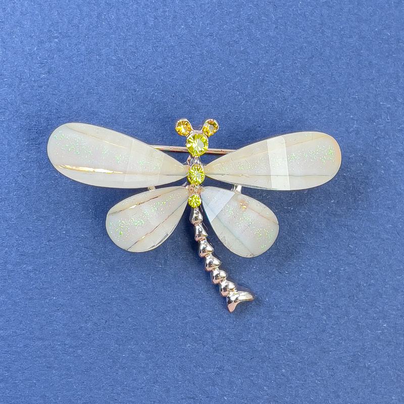 Butterfly Brooch with Yellow and White Crystals, beige-gold metal color, diameter 40 mm, length 30 mm