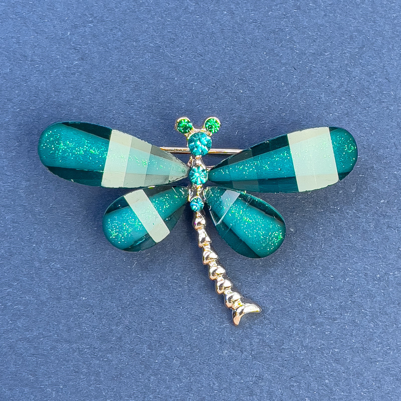 Butterfly Brooch with Turquoise and White Crystals, Turquoise Color, Gold-Toned Metal, Diameter 40mm, Length 30mm