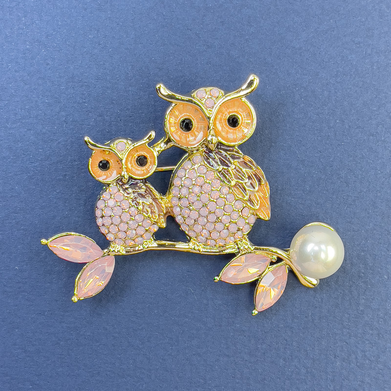 Owl Brooch with Pearl, Pink Crystals, Enamel, Golden Metal, diameter 55 mm ±, length 45 mm ±